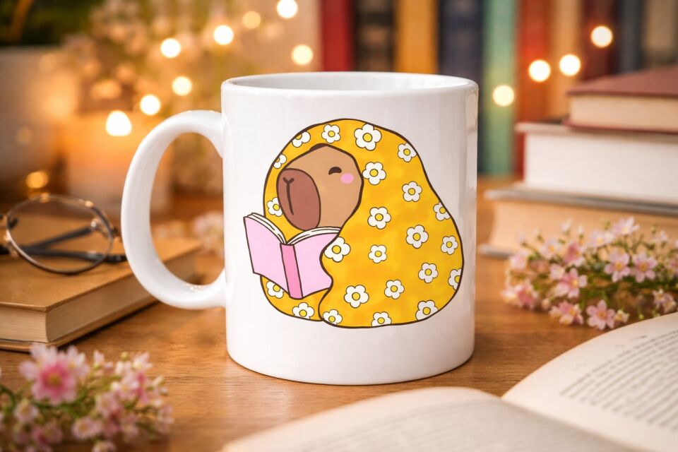 Kitap Okuyan Kapibara Desenli Porselen Kupa MODEL 102 – Sıcacık Tasarım , Kahve & Çay Kupası , Kitap Severlere Özel Hediyelik
