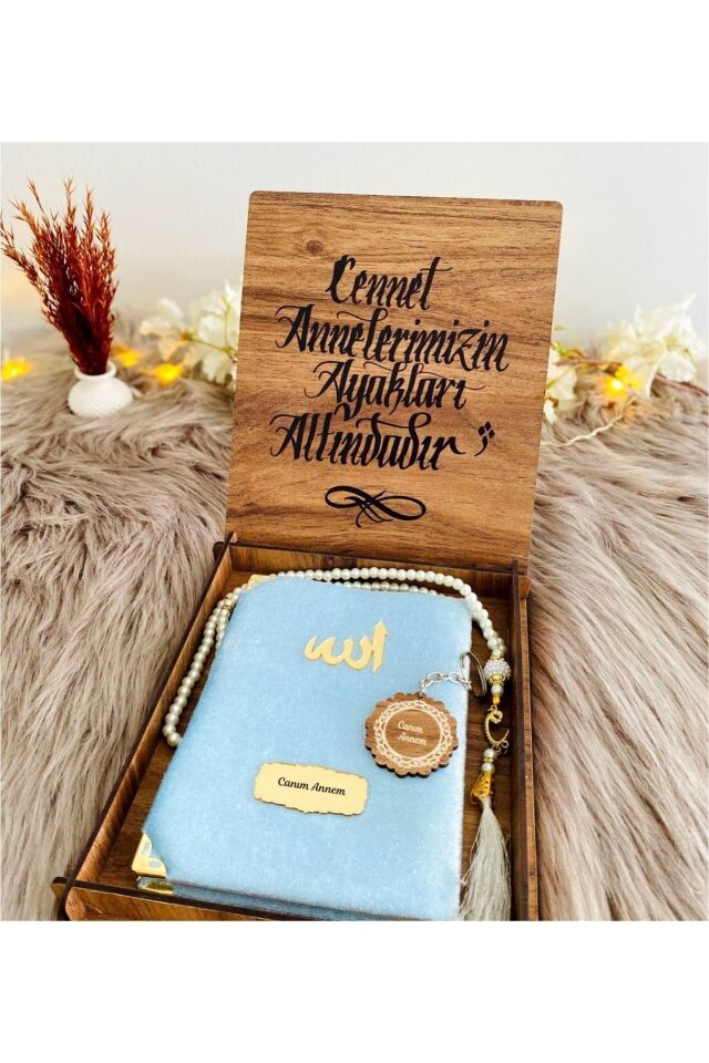 Canım Annem Ahşap Kutulu Anahtarlıklı Mavi Yasin-i Şerif Seti