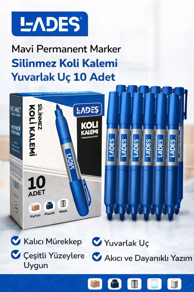 Lades Mavi Permanent Marker Silinmez Koli Kalemi Yuvarlak Uç 10 Adet