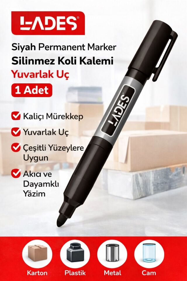 Lades Siyah Permanent Marker Silinmez Koli Kalemi Yuvarlak Uç 1 Adet
