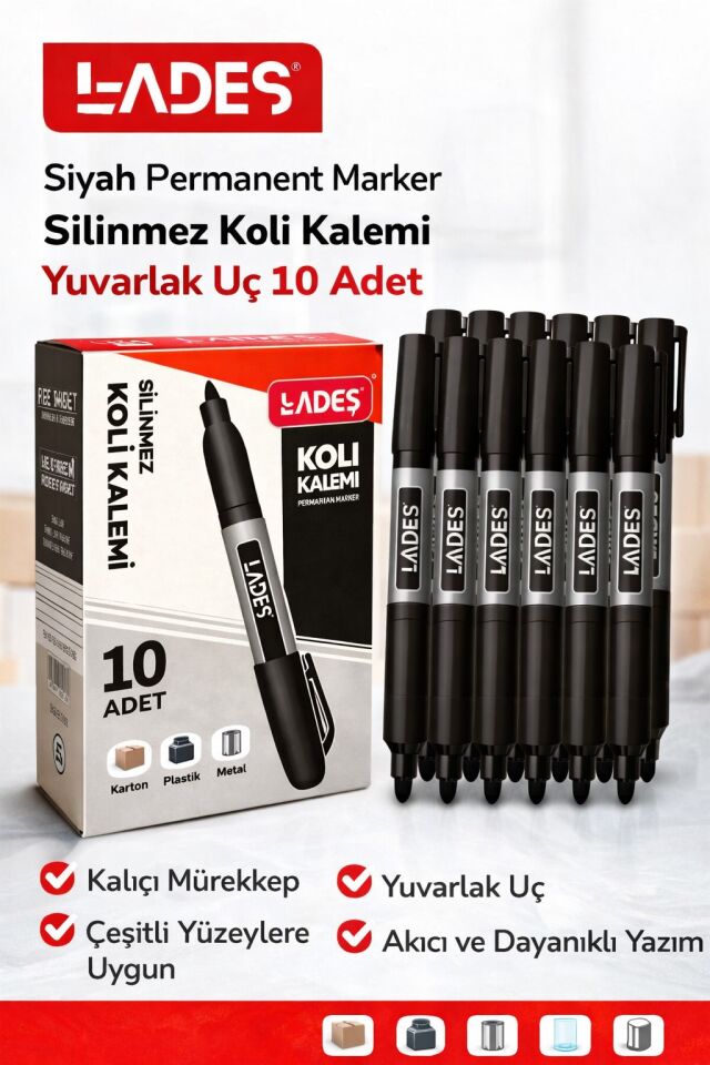 Lades Siyah Permanent Marker Silinmez Koli Kalemi Yuvarlak Uç 10 Adet