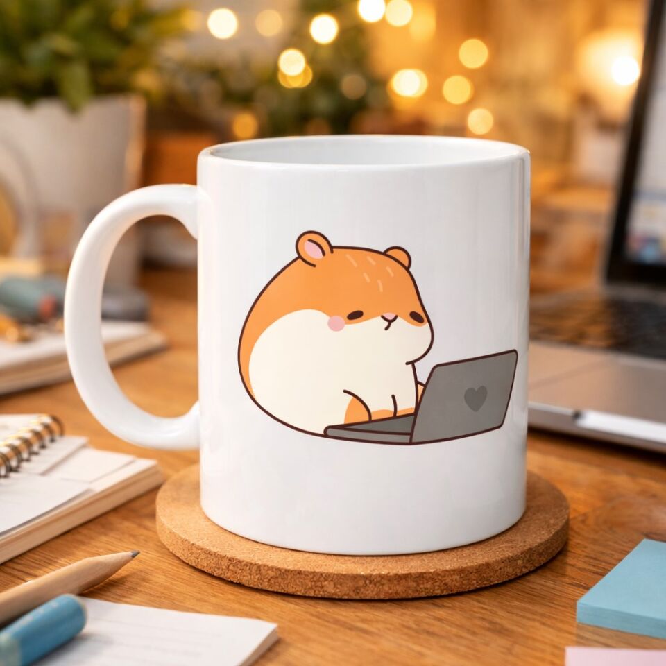 Laptoplu Hamster Desenli Porselen Kupa MODEL 112 – Sevimli Çalışkan Hamster Tasarımlı Kahve Kupası , Ofis & Ev İçin Tatlı Hediye