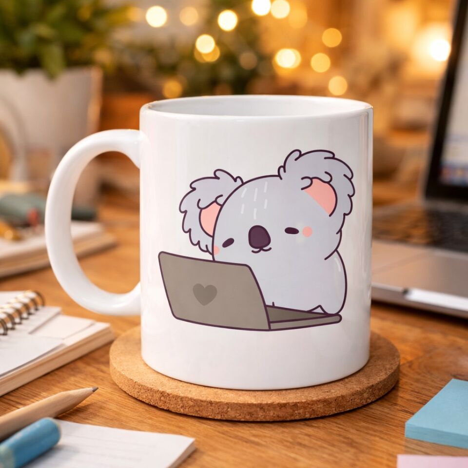 Laptoplu Koala Desenli Porselen Kupa MODEL 111 – Sevimli Ofis Kupası , Çalışanlara Özel Tatlı Hediye