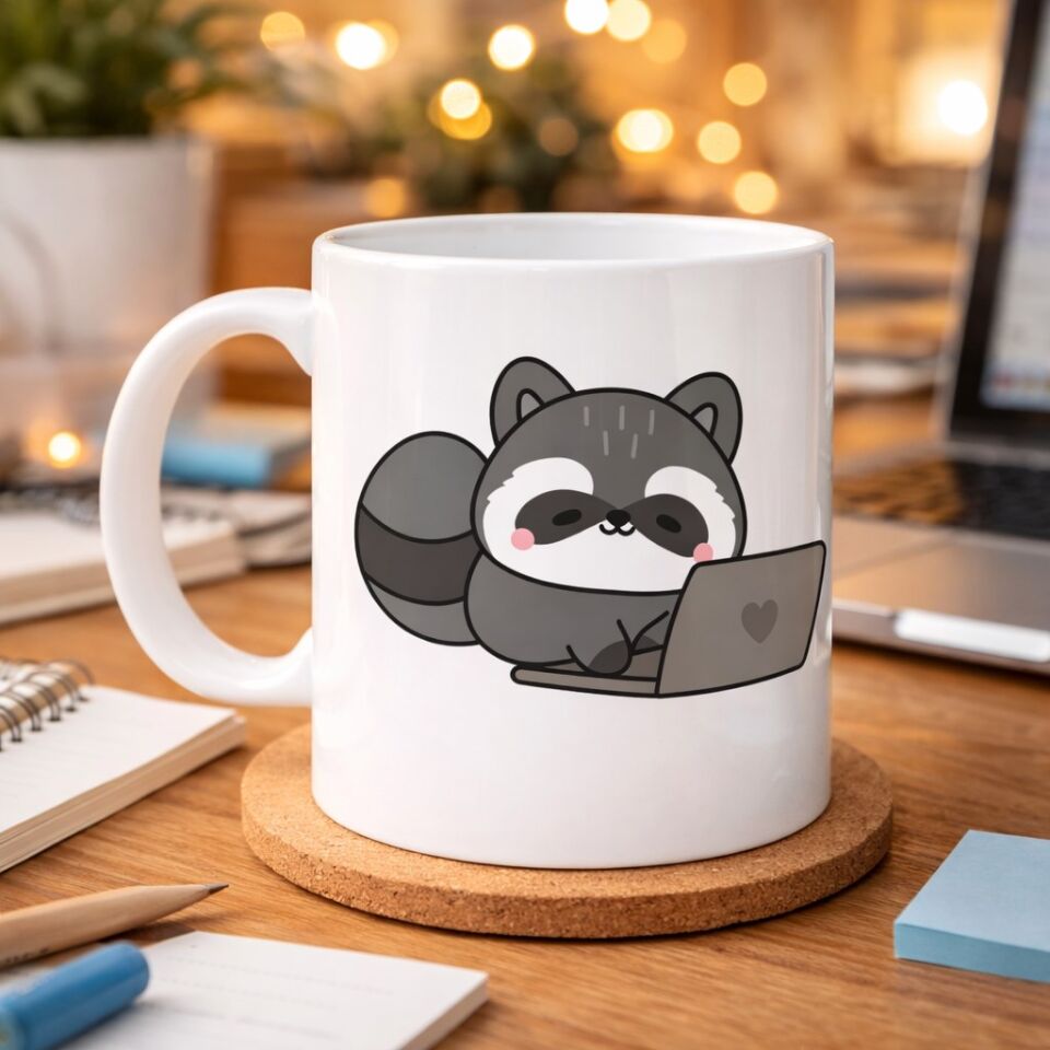 Laptoplu Sevimli Rakun Desenli Porselen Kupa MODEL 114 – Ofis İçin Eğlenceli Kahve Kupası , Çalışanlara Özel Tatlı Hediye