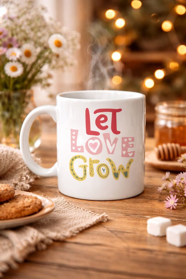 Let Love Grow Tasarımlı Porselen Kupa Model 37 – Sevgi Temalı Özel Hediye Kupası