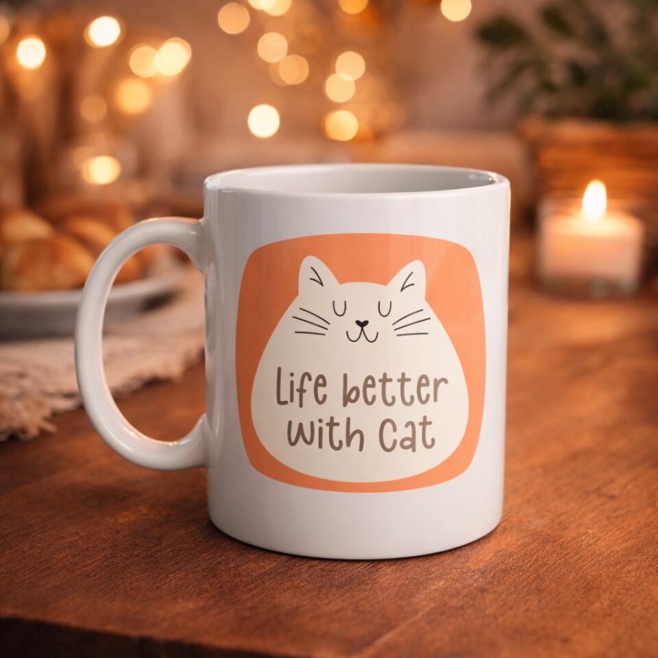 Life Better With Cat – Sevimli Kedi Tasarımlı Porselen Kupa MODEL 65 Kahve & Çay Kupası  Hediyelik Kupa