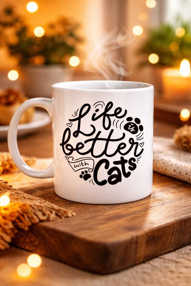 Life is Better With Cats – Kedi Severlere Özel Porselen Kupa MODEL 59 Sevimli Tasarım Hediyelik Kahve Kupası