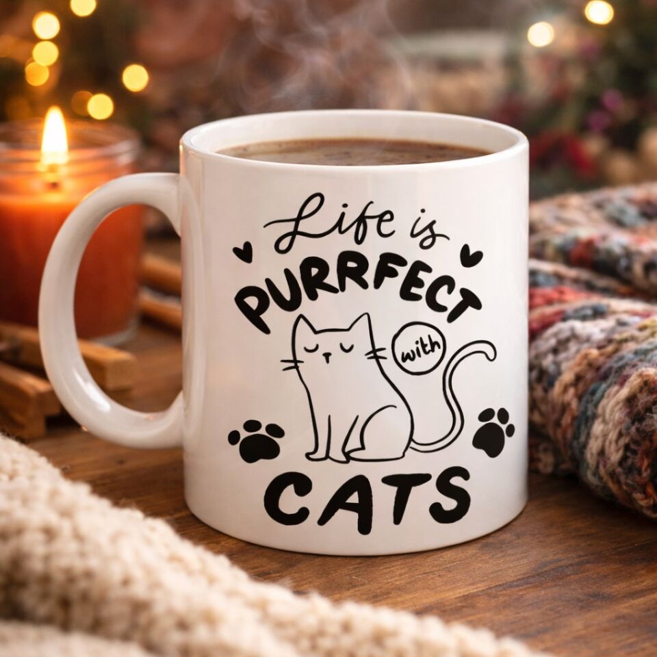 Life is Purrfect with Cats – Kedi Desenli Porselen Kupa MODEL 62 Sevimli Kedi Figürlü Kahve Kupası