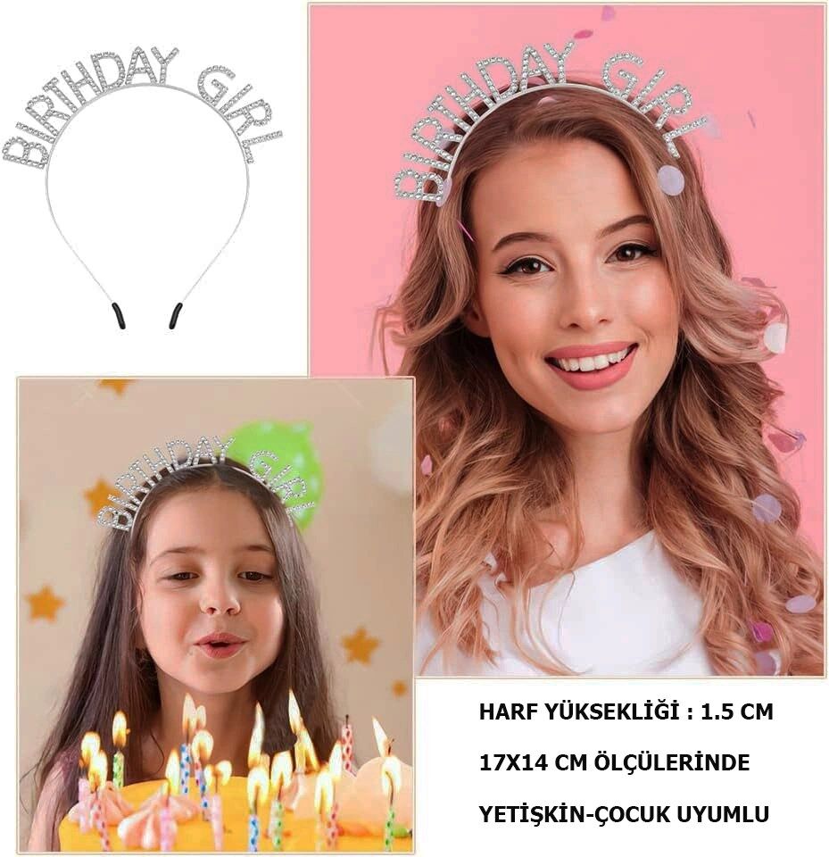 Mey İthalat® Kristal Taşlı Gümüş Birthday Girl Yazılı Doğum Günü Parti Tacı 19x11 cm