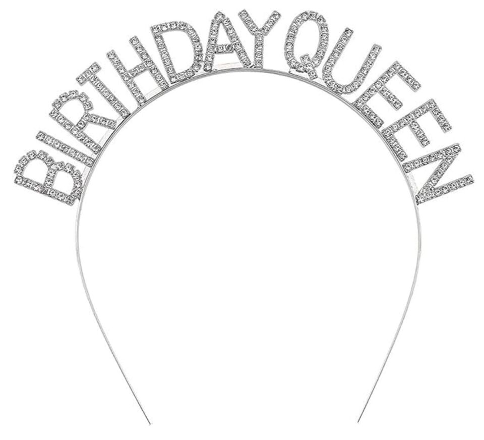 Mey İthalat® Gümüş Renk Kristal Taşlı Parlak Birthday Queen Yazılı Kraliçe Taç 16x17 cm