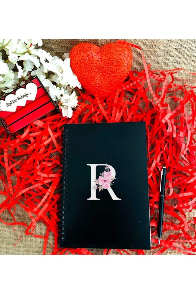 Çiçek Harf Baskılı Ahşap Defter Kalem Seti - Siyah