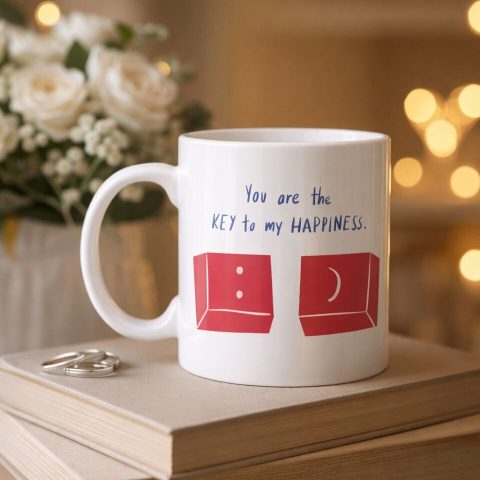 Model 25 – You Are the Key to My Happiness Tasarımlı Porselen Kupa -Anlamlı & Romantik Hediye