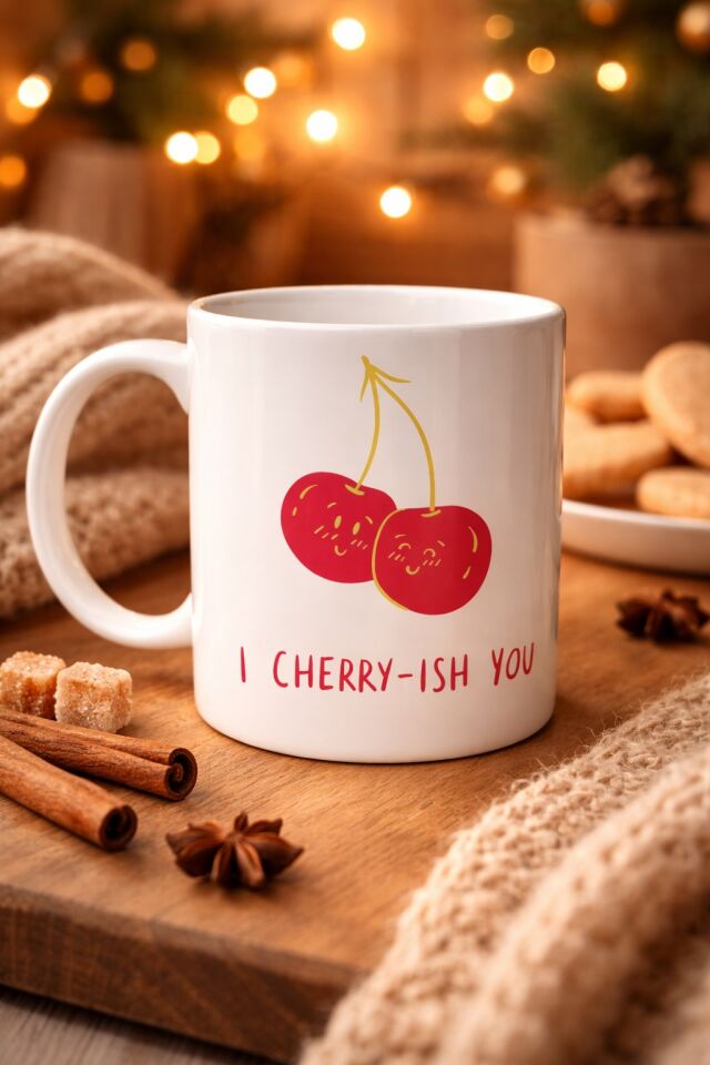 Model 26 – I Cherry-Ish You Yazılı Sevimli Kiraz Tasarımlı Porselen Kupa - Aşk Dolu Hediye Fikri
