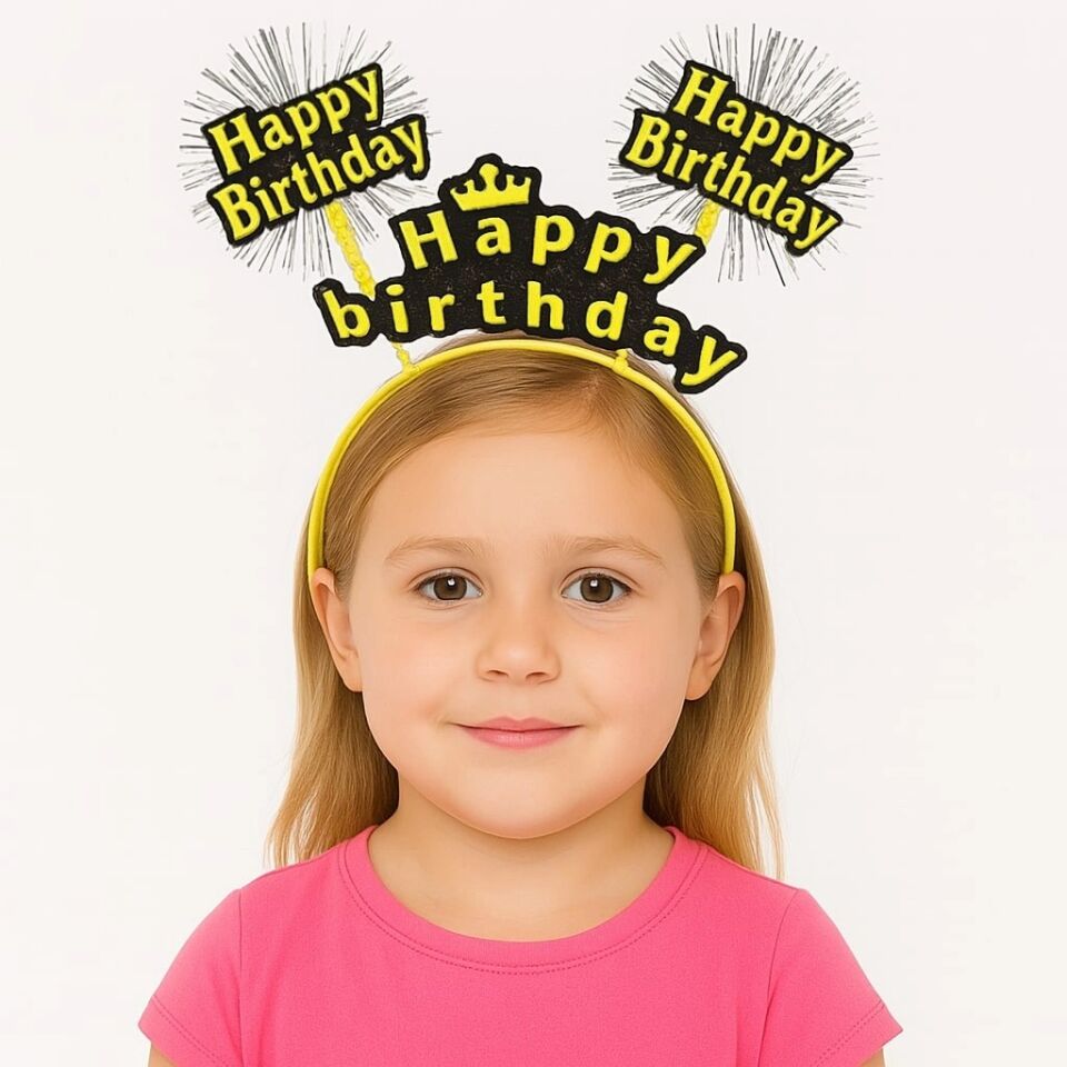 Mey İthalat® Doğum Günü Kutlaması İçin Sarı Taç – Işıltılı Yazılı Parti Tacı