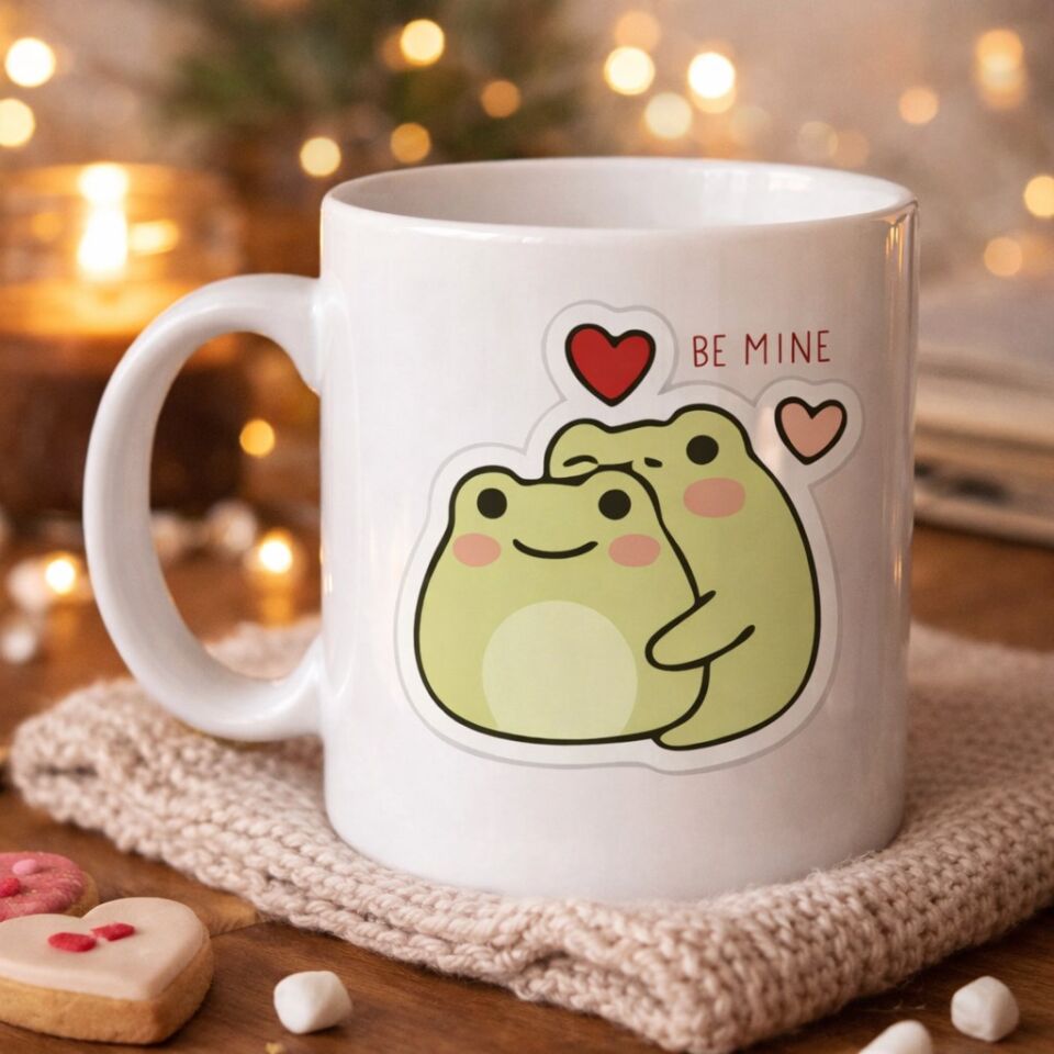 Model 41 Be Mine Tasarımlı Sevimli Kurbağa Desenli Porselen Kupa Aşk Temalı Özel Tasarım Kahve Kupası