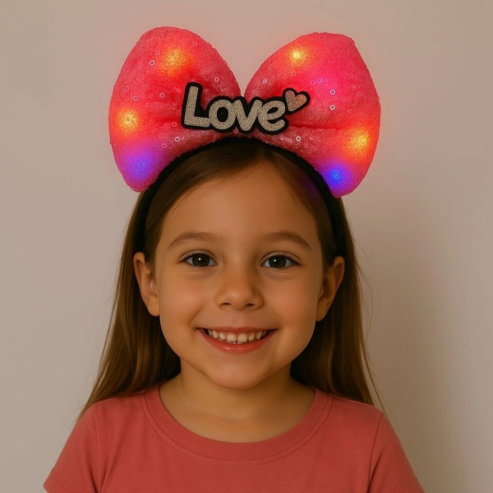 Mey İthalat® LED Işıklı Love Yazılı Fuşya Fiyonk Taç – Kız Çocuk Parti Tacı