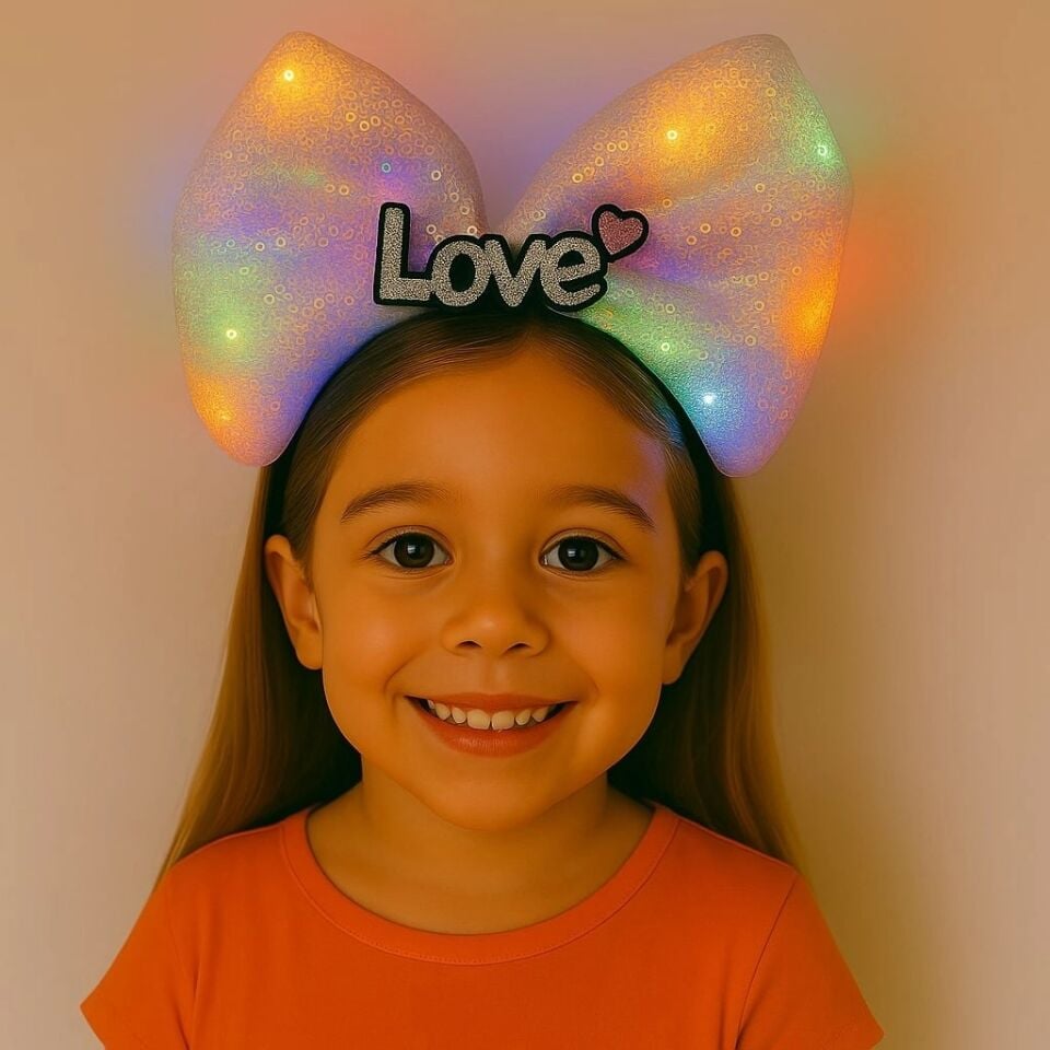 Mey İthalat® LED Işıklı Love Yazılı Pembe Fiyonk Taç – Kız Çocuk Parti Tacı