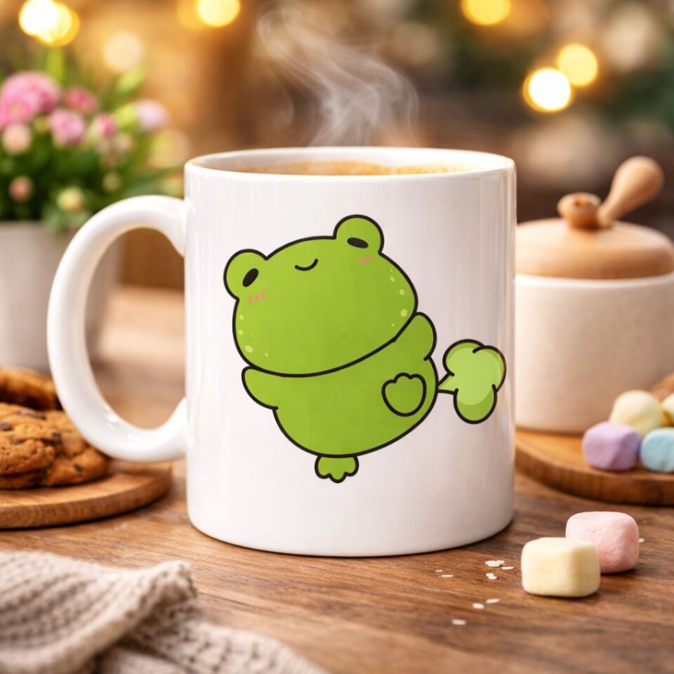 Mutlu Kurbağa Tasarımlı Porselen Kupa MODEL 91 – Eğlenceli, Tatlı ve Neşe Dolu Kahve Kupası