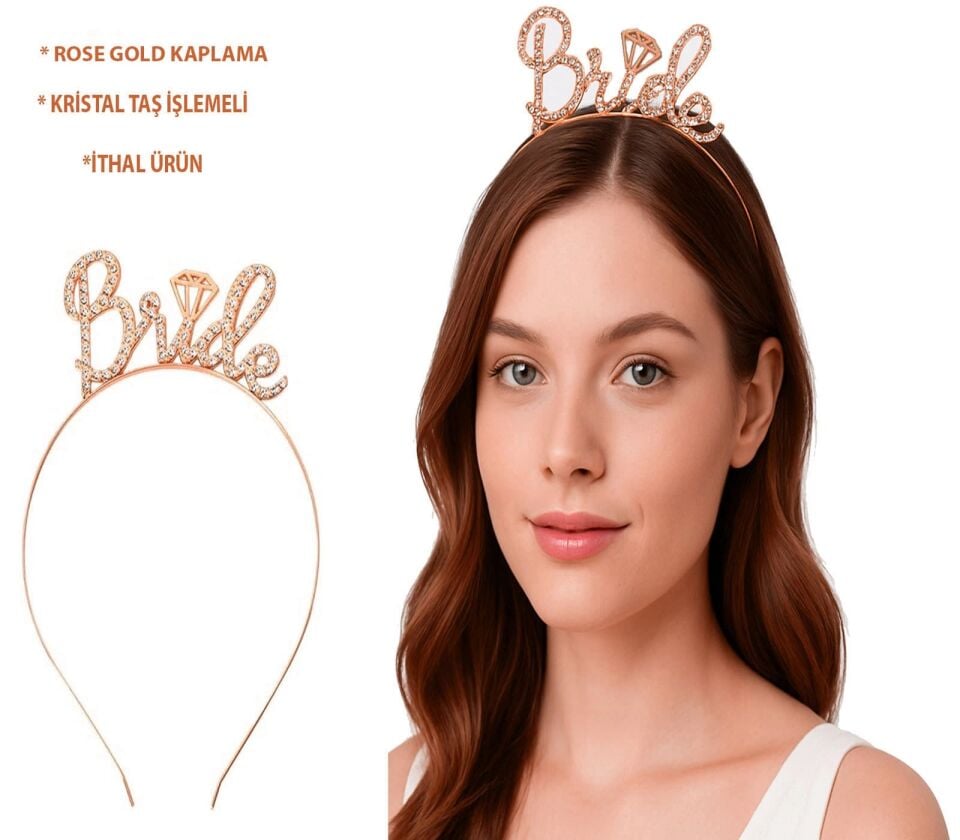 Mey İthalat® Rose Gold Renkli Taşlı “Bride” Gelin Tacı – El Yazısı Yazı Tipiyle