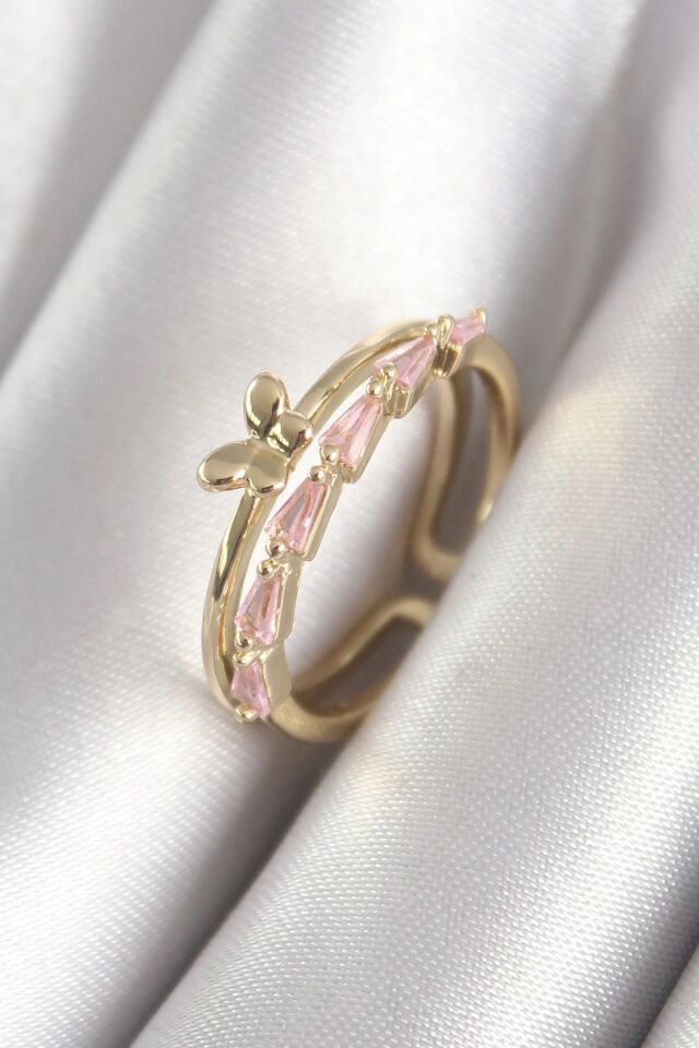 Mey İthalat® Pirinç Gold Renk Zirkon Taşlı Kelebek Figür Kadın Yüzük