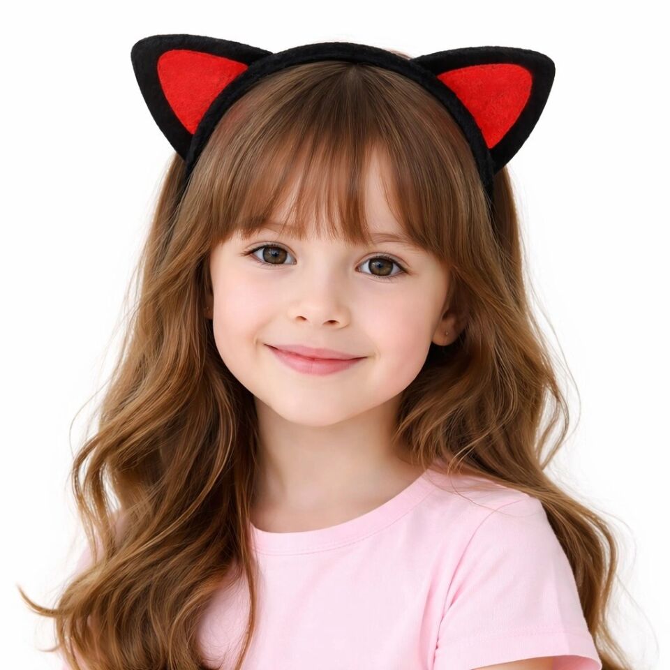 Mey İthalat® Peluş Kedi Kulak Taç Kırmızı Siyah – Çocuk Parti & Kostüm Tacı