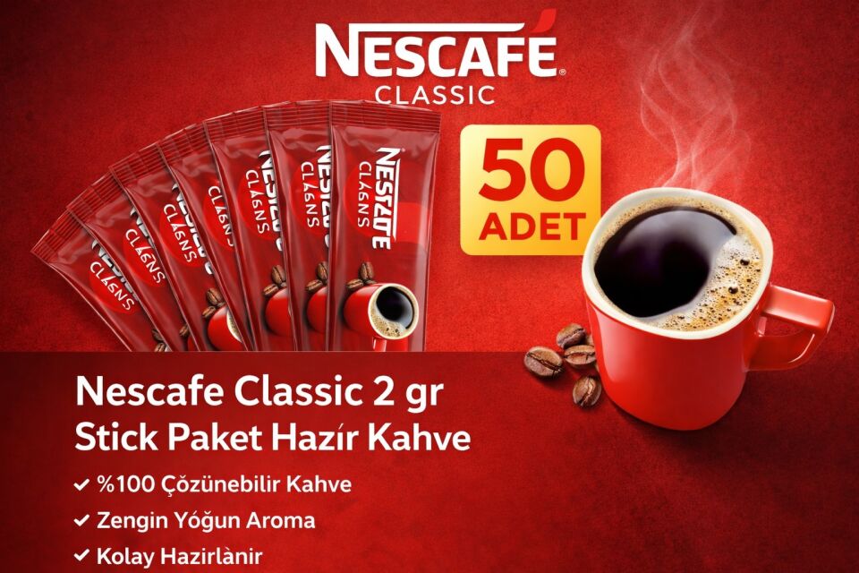 Nescafe Classic 2 gr 50 Adet Stick Paket Hazır Kahve %100 Çözünebilir Zengin Yoğun Aroma