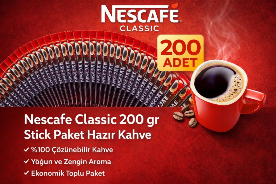 Nescafe Classic 2 gr Stick Hazır Kahve 200 Adet %100 Çözünebilir Yoğun Aromalı Ekonomik Paket