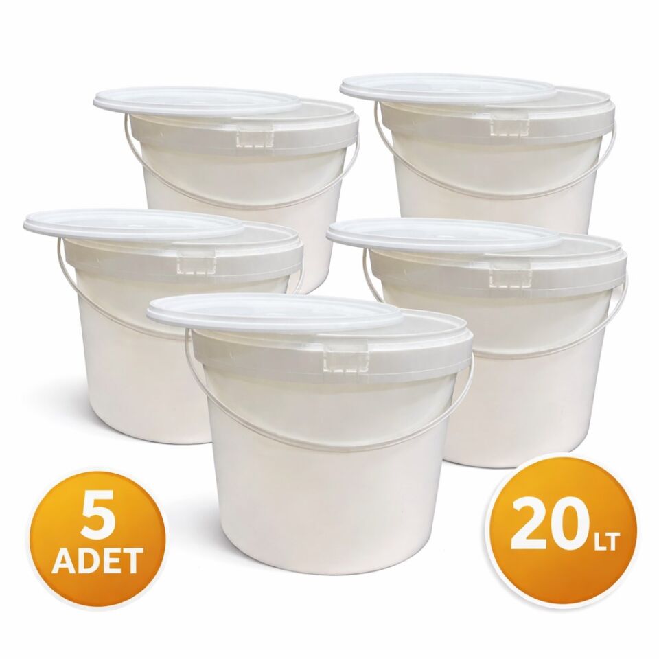 5 Adet 20 Lt Kapaklı Plastik Kova - Yoğurt, Boya ve Saklama İçin Dayanıklı Kova Seti