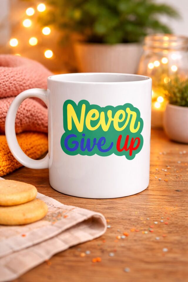 Never Give Up ASLA PES ETME Yazılı Porselen Kupa MODEL 145 – Motivasyon Temalı Renkli Tasarım – Kahve & Çay Kupası – Moral Veren Hediyelik Kupa