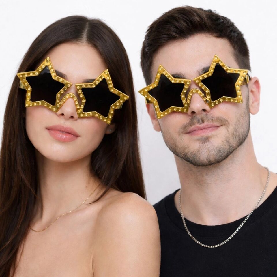 Mey İthalat® Altın Renk Disko Yıldızı Retro Parti Gözlüğü 16X7 cm