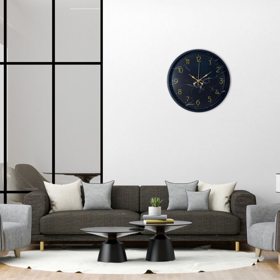 Siyah Mermer Desenli Görünümlü 36 Cm Duvar Saati