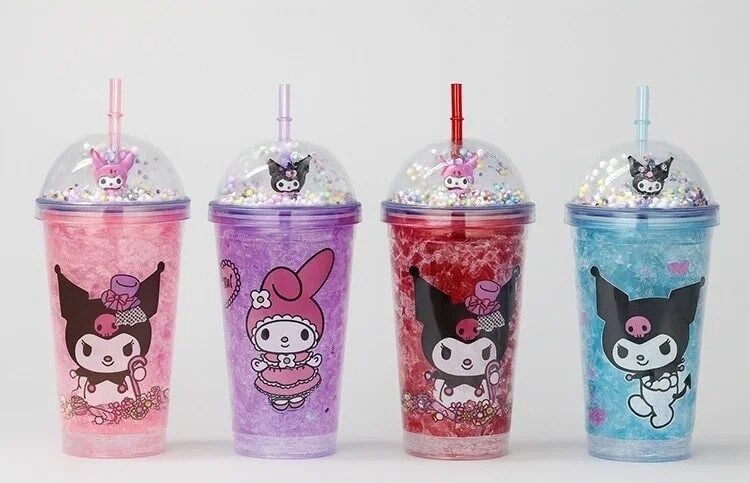 Sevimli Kuromi Işıklı Pipetli Boncuklu Suluk & Bardak 400 Ml