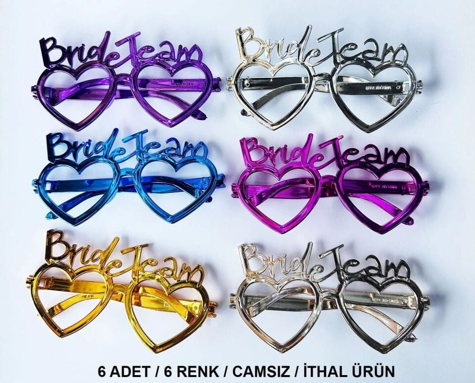 Mey İthalat® Kalpli Bride Team Gözlük Seti 6 Renk - Kına & Düğün Partileri İçin