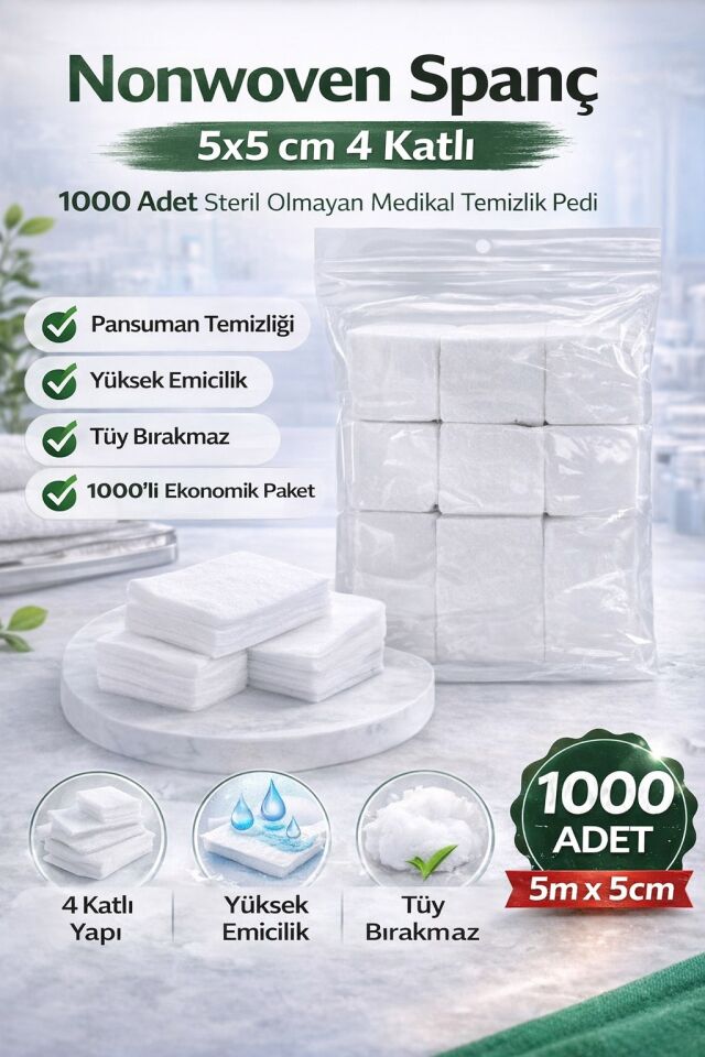 Nonwoven Spanç 5x5 cm 4 Katlı 1000 Adet Steril Olmayan Medikal Temizlik Pedi