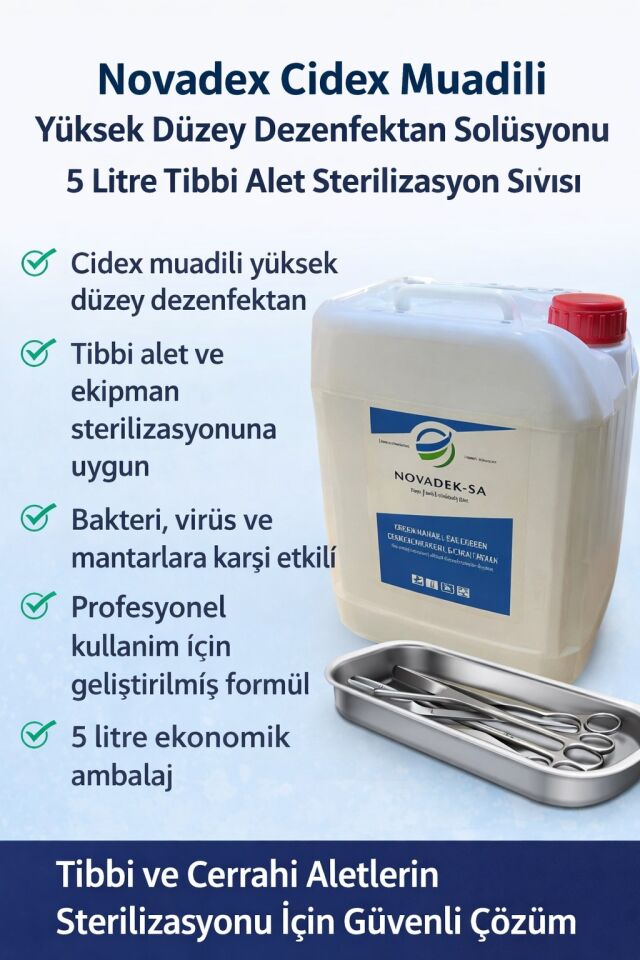 Novadex Cidex Muadili Yüksek Düzey Dezenfektan Solüsyonu 5 Litre Tıbbi Alet Sterilizasyon Sıvısı