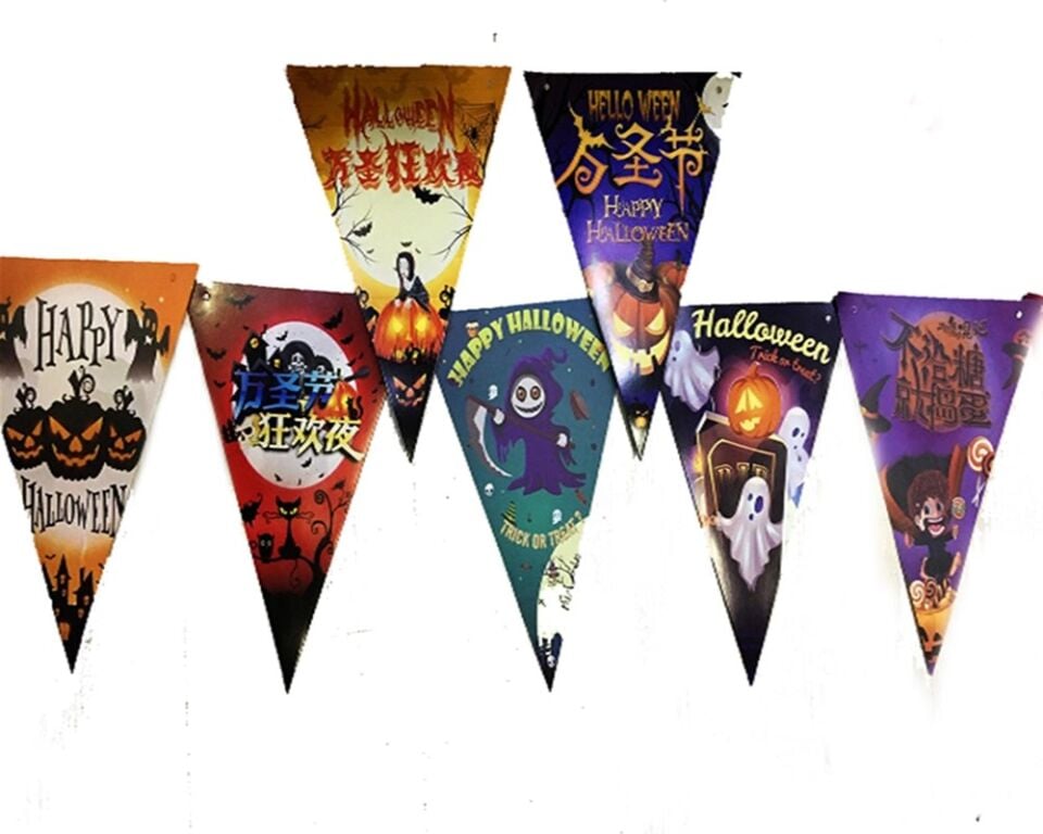 Mey İthalat® Lüks Baskılı Üçgen Model Halloween Banner Süs Bayrak 8 li