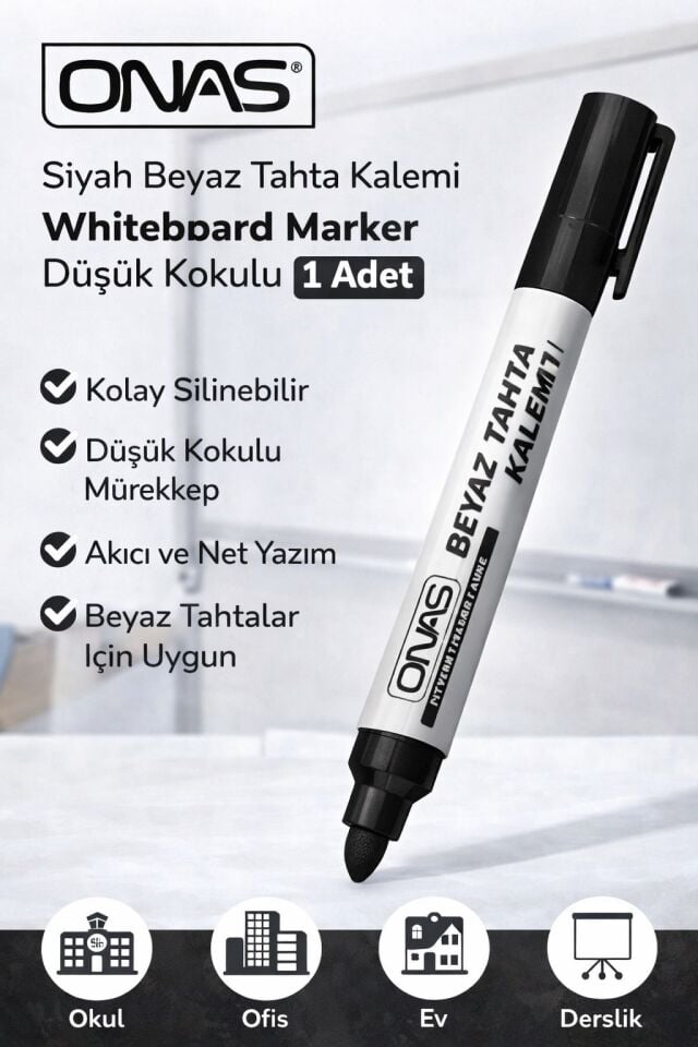 Onas Siyah Beyaz Tahta Kalemi Whiteboard Marker Düşük Kokulu 1 Adet