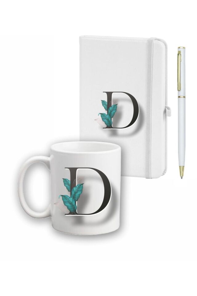 Beyaz Yaprak Desenli  Ajanda Kupa ve Kalem Seti