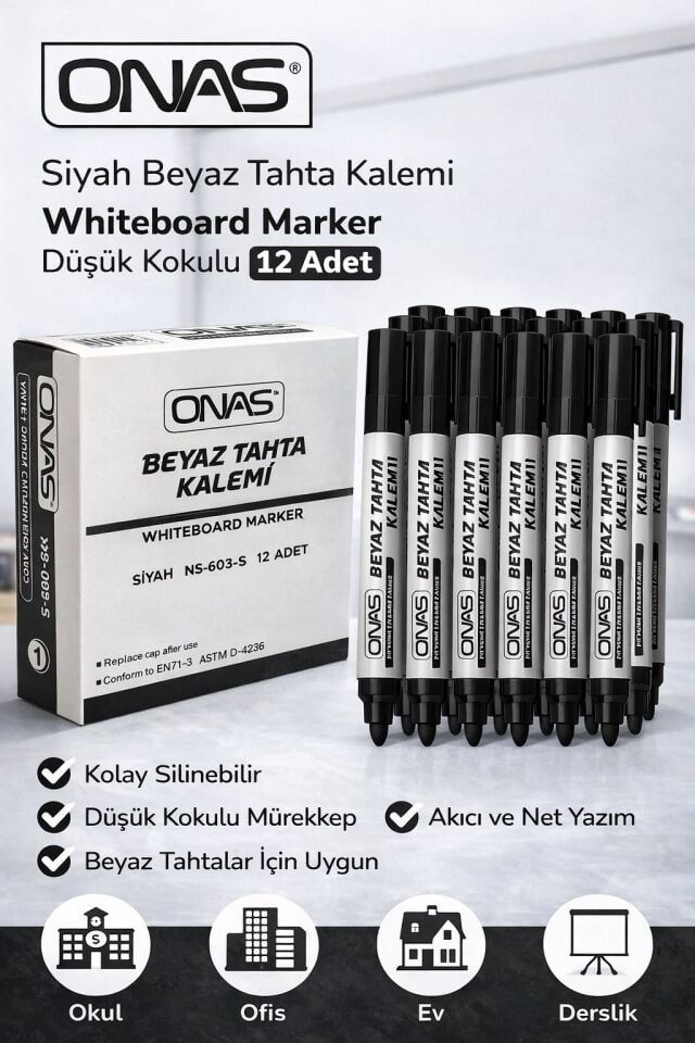 Onas Siyah Beyaz Tahta Kalemi Whiteboard Marker Düşük Kokulu 12 Adet Kutu