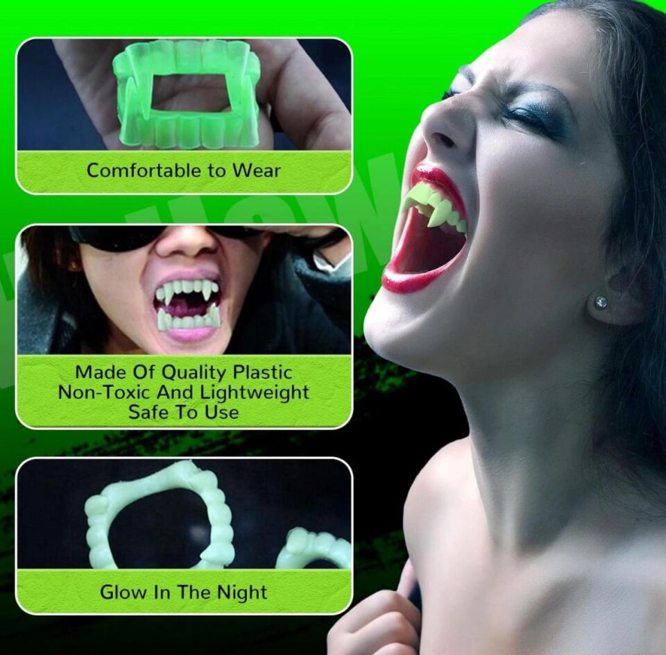 Mey İthalat® Karanlıkta Parlayan Fosforlu Çift Damak Takma Vampir Dişi