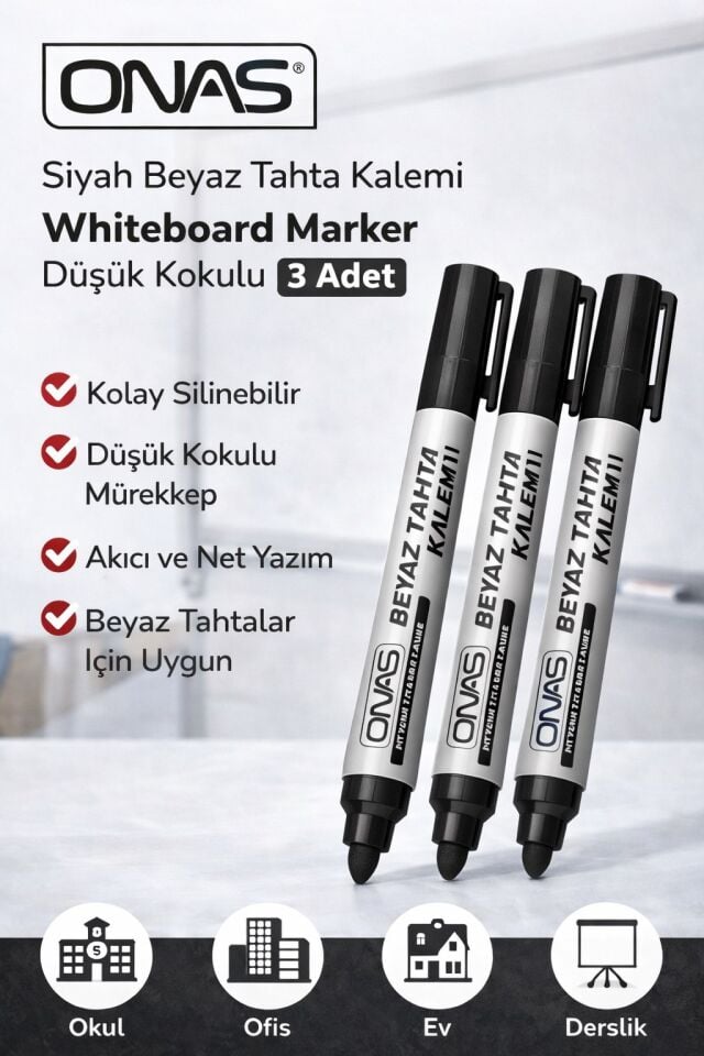 Onas Siyah Beyaz Tahta Kalemi Whiteboard Marker Düşük Kokulu 3 Adet
