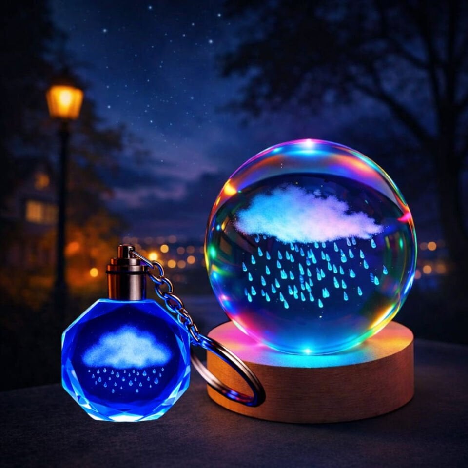 Işıklı Yağmur Bulutu Tasarımlı Cam Küre Ve Kristal Anahtarlık Hediye Seti