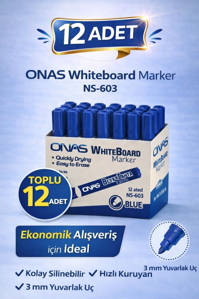 ONAS Whiteboard Marker NS-603 Mavi Tahta Kalemi 3 mm Yuvarlak Uç 12 Adet
