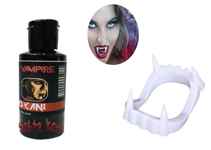 Mey İthalat® Beyaz Renk Çift Damak Takma Vampir Dişi ve 50 gr Tiyatro Kanı