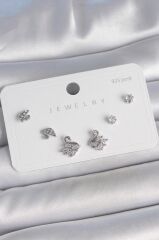 Pirinç Gümüş Renk Zirkon Taşlı Kuğu Model 925 Ayar Gümüş Çivi Kadın Küpe Seti - BKP10481 (491491)