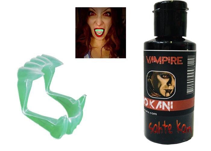 Mey İthalat® Fosforlu Çift Damak Takma Vampir Dişi ve 50 gr Tiyatro Kanı