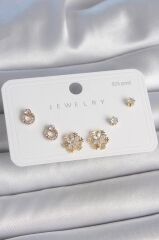 Pirinç Gold Renk Zirkon Taşlı Kar Tanesi Model 925 Ayar Gümüş Çivi Kadın Küpe Seti - BKP10482 (491491)