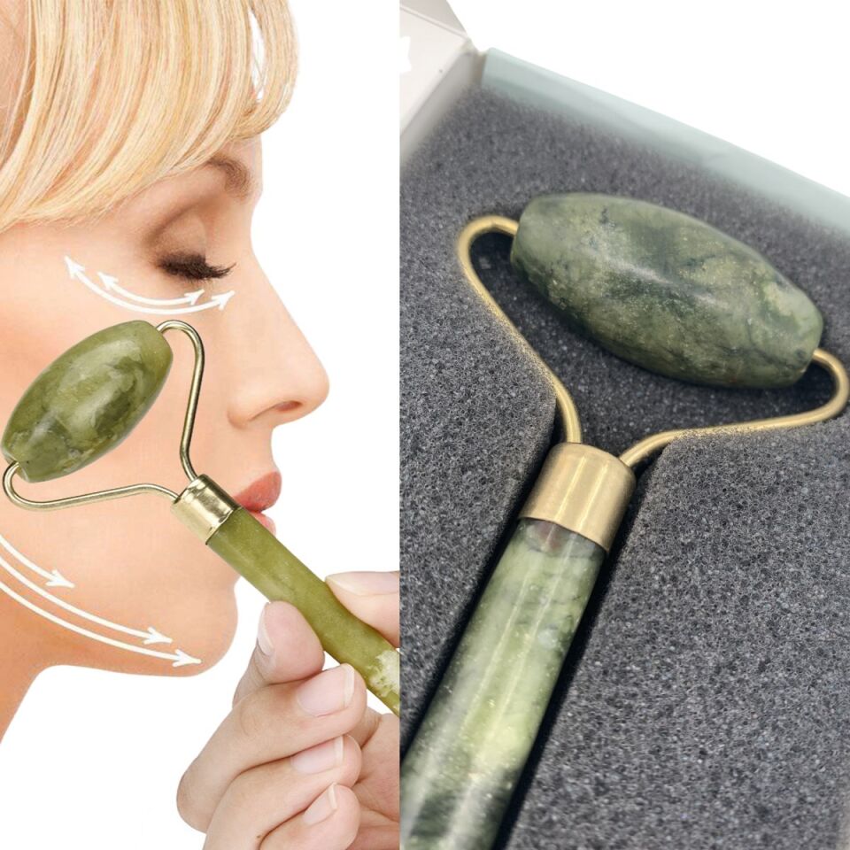 AD Özel Süngerli Kutusunda Kırılmaz Çift Taraflı 2li Cilt Yüz Masaj Aleti Jade Roller Yeşim Taş