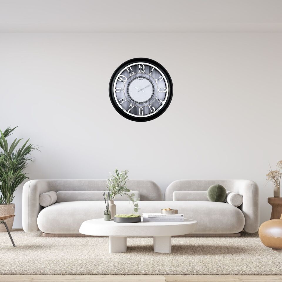 45 Cm Siyah Çerçeve Kabartma Gümüş Rakam Duvar Saati