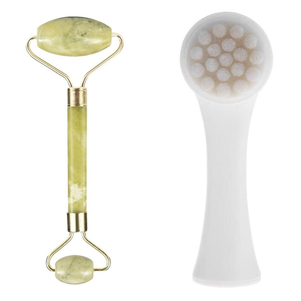 AD 2li Set Çift Taraflı Cilt Temizleme Fırçası ve Yeşim Taşı Çift Taraflı Cilt Masaj Aleti